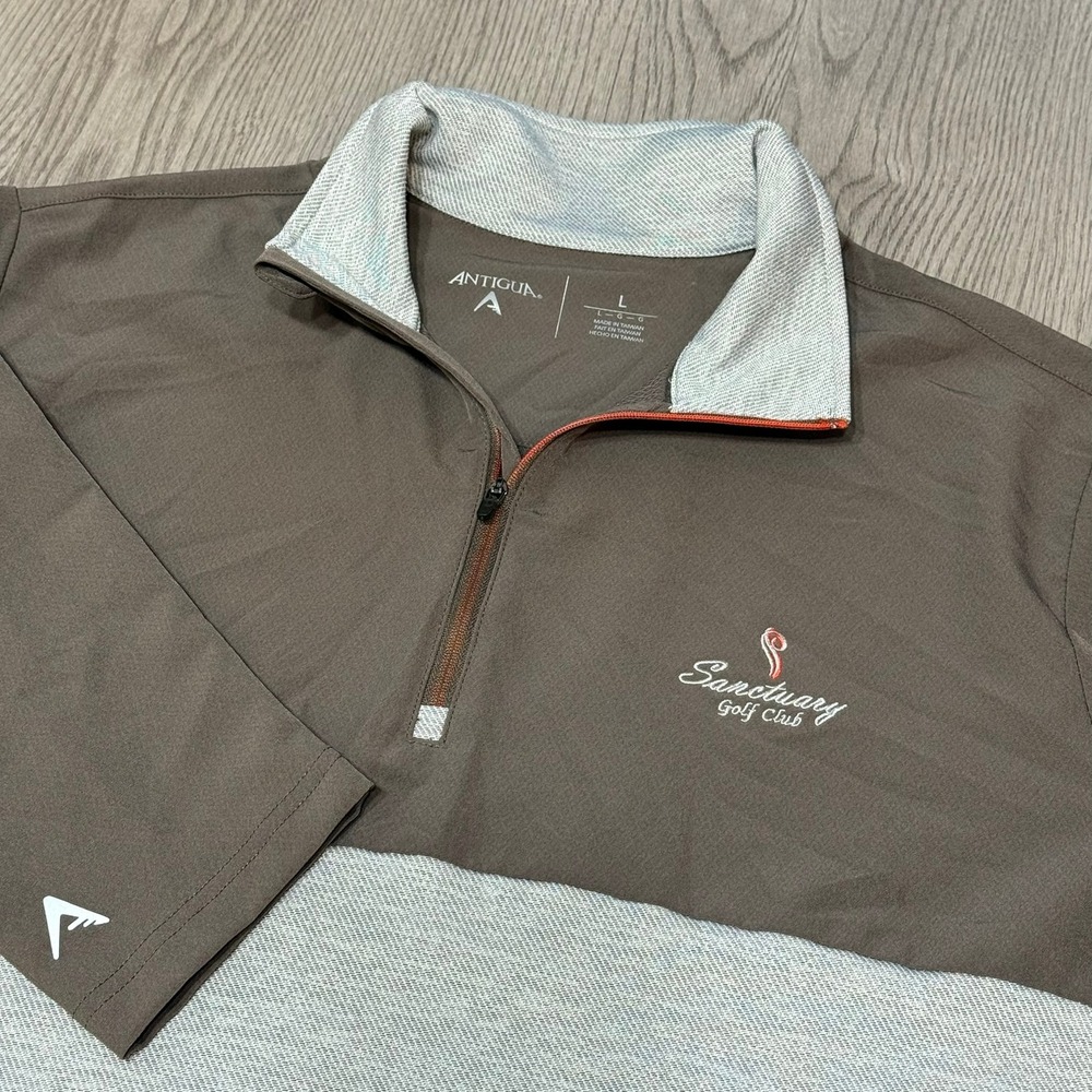 Antigua 1/4 Zip Golf Pullover Large Sanctuary Golf Club Brown/Gray Performance